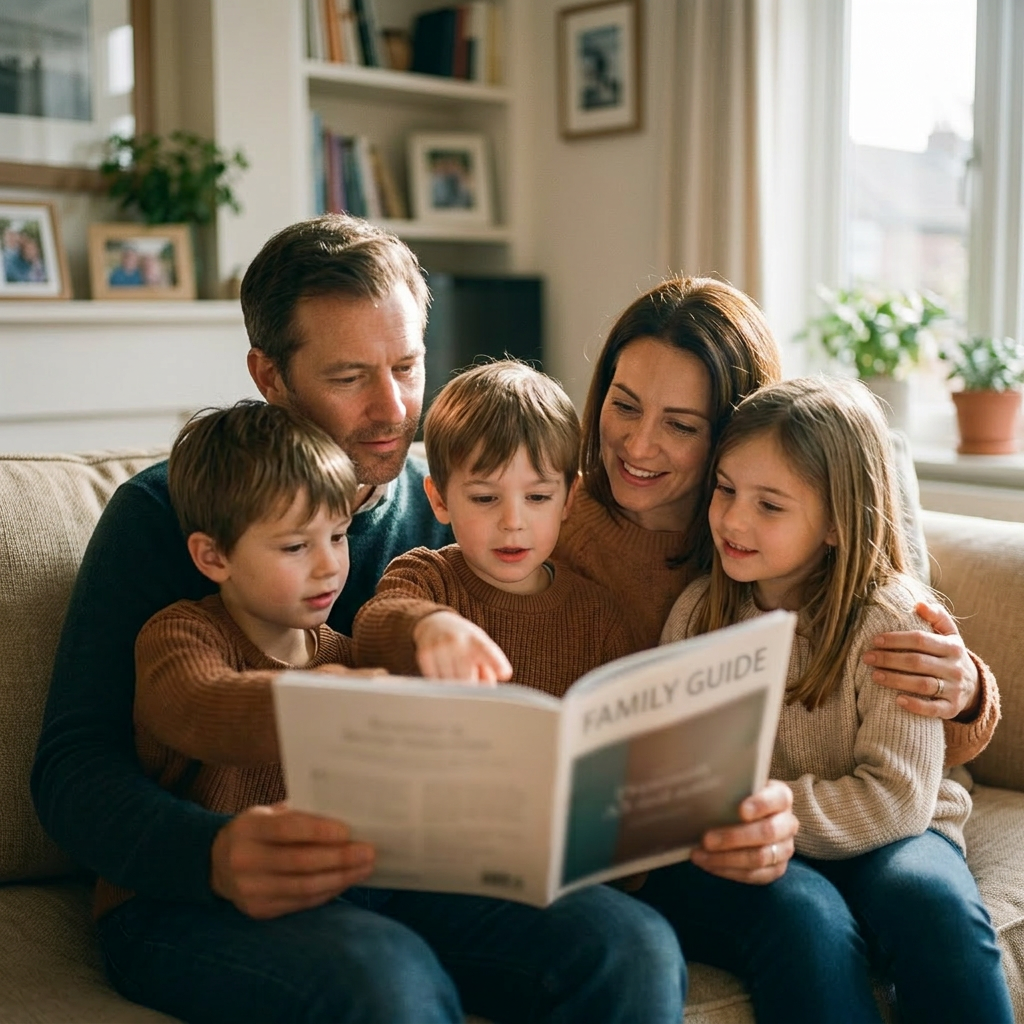 Parents and two children reading a family guide together on a couch