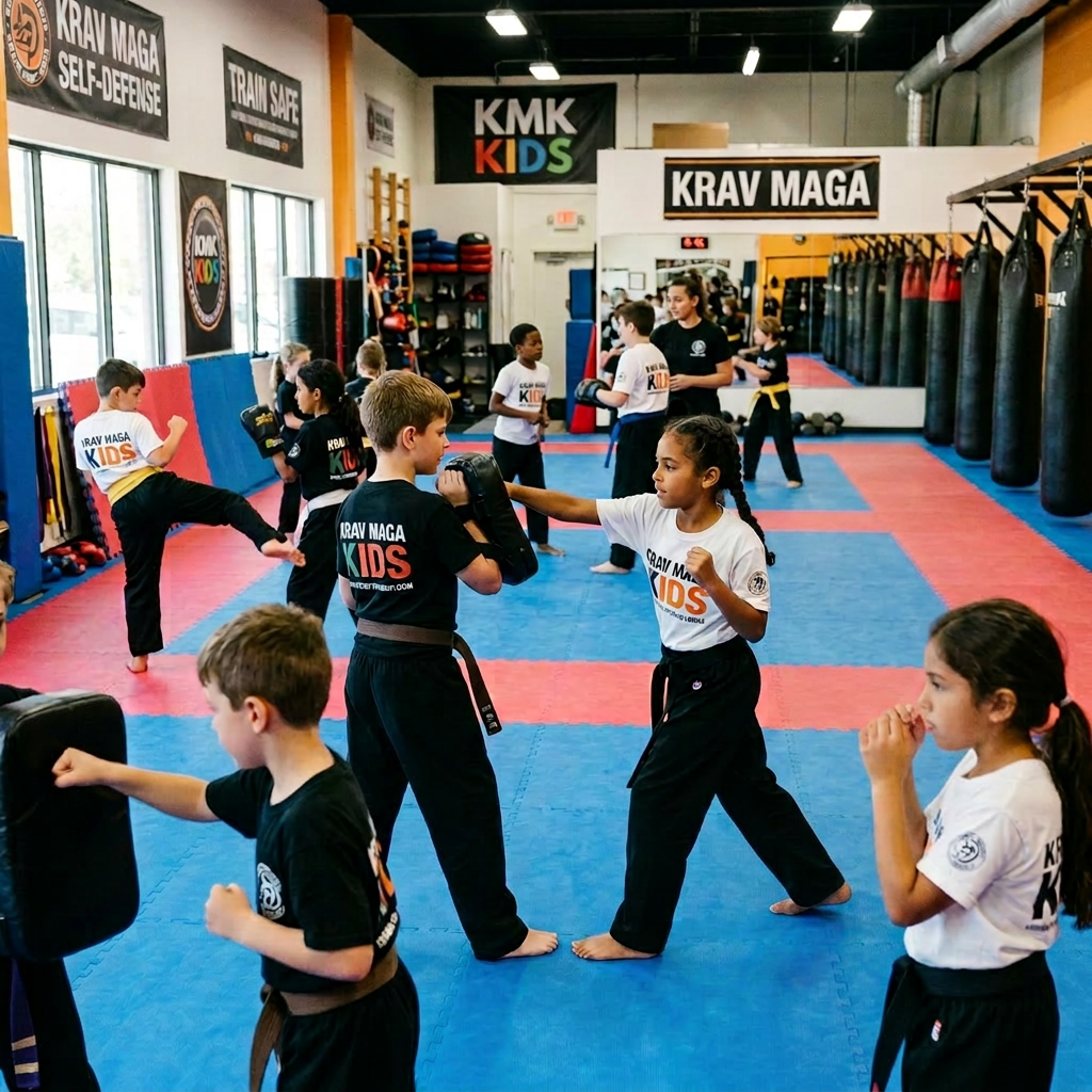 Children practicing Krav Maga self-defense techniques with an adult instructor in a martial arts gym.